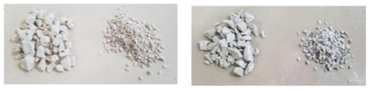 인조대리석 제조 방법으로 제작한 불투명 컬러칩, 베이지(좌), 그레이(우)