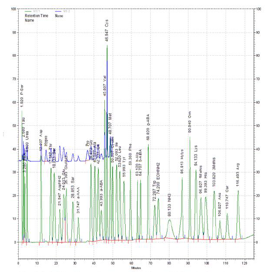 The chromatogram of amino acid standard mixture analyzed by Hitachi amino acid analyzer