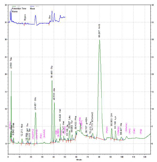 Chromatogram analysis of free amino acids of antler water exract (AWE*) fermented with mixture of 8 type lab by Hitachi amino analyer ▷ The sample was diluted two-fold by adding distilled water, and then purified and amalyzed with an amino acid analyzer