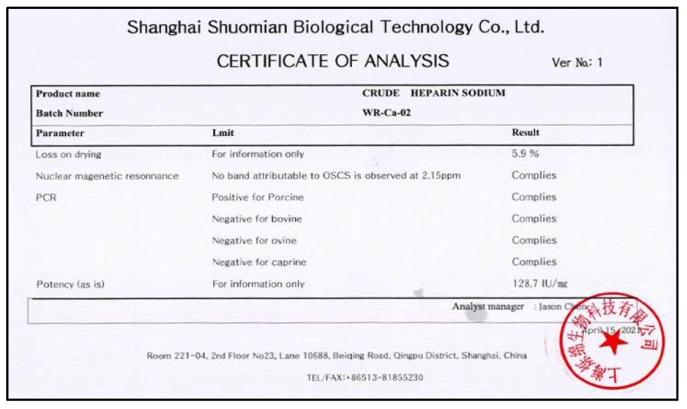 Crude heparin sodium certificate from China analysis company