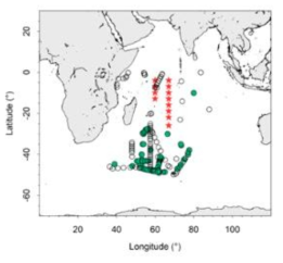 2018년 채수된 해수 산소안정동위원소 분석 정점도(빨간색 별). GISS database 자료는 원형으로 표시. 초록색원은 심층까지의 자료가 있는 정점미고 흰색원은 표층 자료만 있는 정점