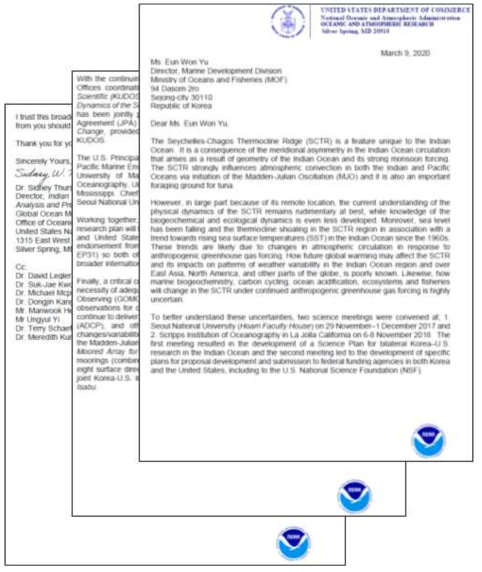 NOAA로부터 수신한 공동연구 협력의향서 서신