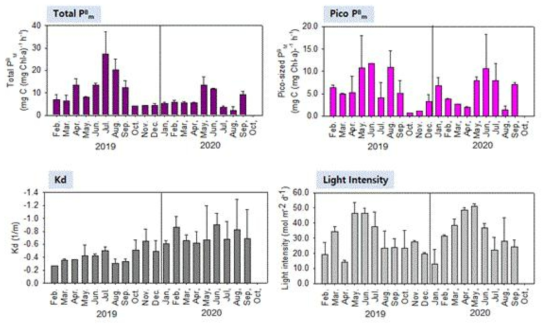 2019년, 2020년 영도 모니터링 정점에서 total 및 pico 식물플랑크톤의 동화율 및 소광계수, 일사량 변화