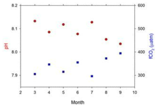 부산 외해역 정점에서의 pH와 해양 표층 이산화탄소 분압(fCO2SW) 월 변화