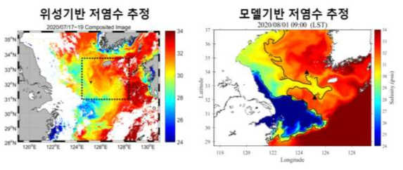 2020년 7월 위성기반 저염수(좌)와 모델기반 저염수 추정(우) 분포도