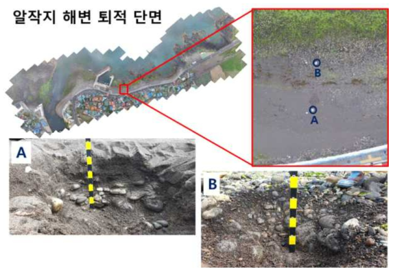 모래로 덮힌 알작지 해변 어항 우측 부분의 퇴적 단면