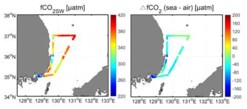 해양 표층 이산화탄소 분압(좌)과 해양-대기 이산화탄소 분압차(우) 분포