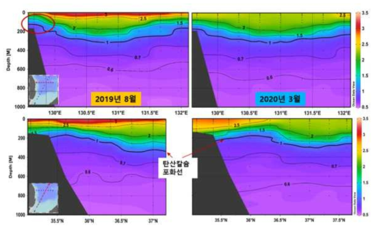 2019년 8월(좌)과 2020년 3월(우)의 경도별(상), 위도(하)별 탄산칼슘 포화도 분포 비교