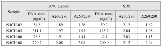 해면 메타게놈 DNA 추출 결과