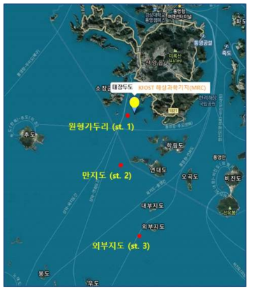 수층공간 활용을 통한 냉수성 복합생물자원 개발을 위한 수질환경조사 정점 (통영 연안)