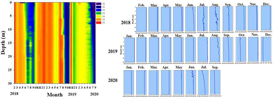 염분의 시공간적 분포 및 월별 수직 분포