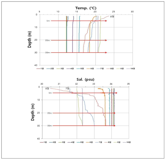 조사해역 월별 수온, 염분의 수직 분포 양상