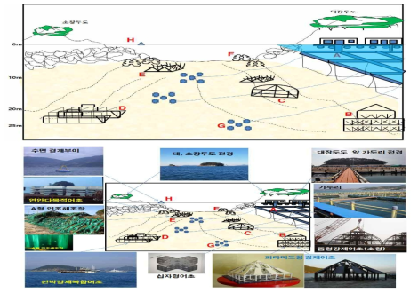 통영바다목장의 수중생태지도 제작을 위한 기초 작업(밑그림(상)과 각 구조물의 실제 사진들(하))