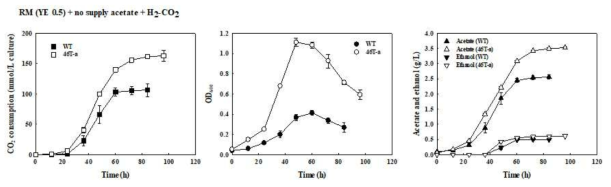 아세트산 무첨가 배지에서 Clostridium sp. AWRP와 46T-a 변이주의 성장 및 산물 생산 비교