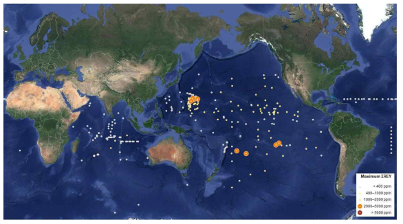 Distribution of maximum ΣREY for sediment cores from the World Ocean