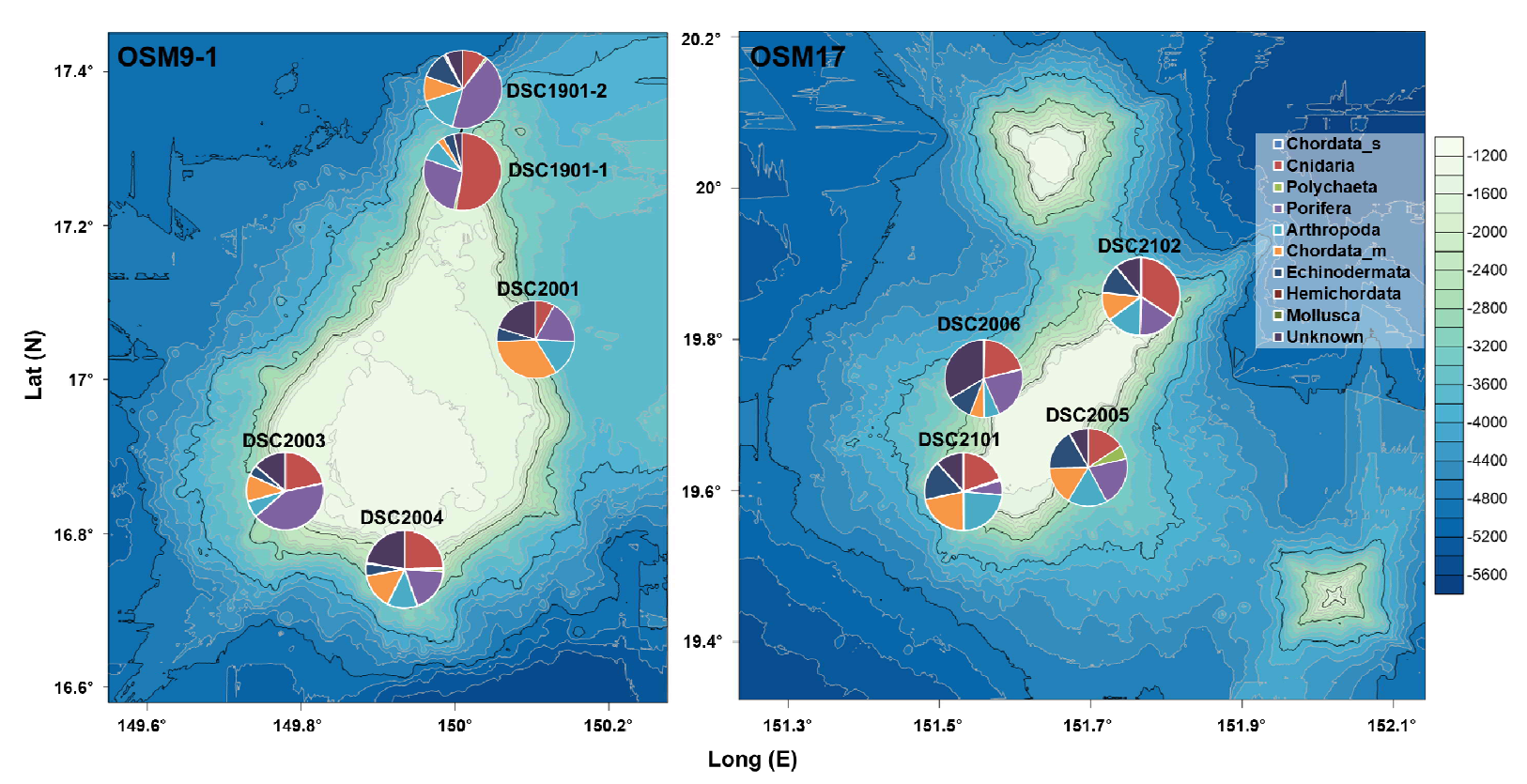 해저산 OSM9-1과 OSM17에서 출현한 거대저서동물의 공간적 분포