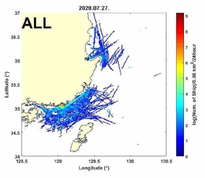 선박통행량 분석 기법을 적용하여 부산 및 동해(포항) 해역의 모든 선박밀도 도출 예