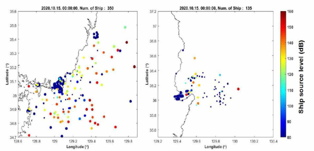 2020년 10월 15일 00시 기준 해당 선박 위치에서 계산된 선박 음원준위 분포 예