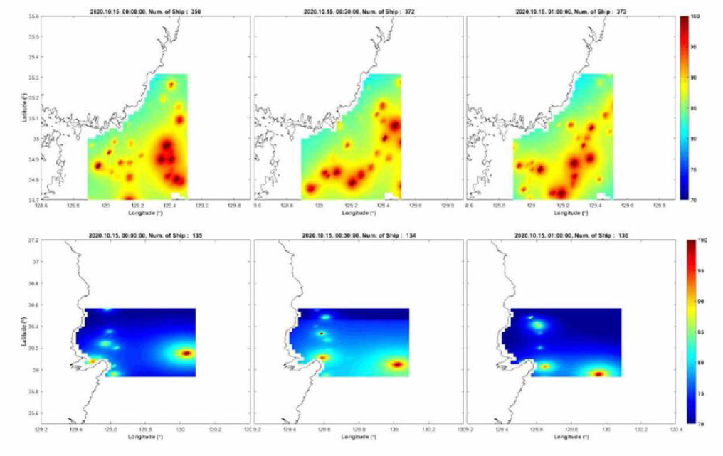 2020년 10월 15일 00시부터 30분 간격의 선박 소음준위의 시/공간분포 예