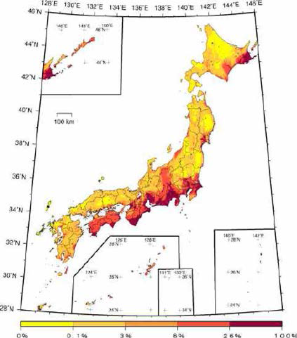 30년 이내에 지진에 의해 영향을 받을 Exceedance probability (JMA seismic intensity： 6 보다 낮거나 그 이상; 평균적인 경우; 2010년 1월부터 시작) (from http://www.j-shis.bosai.go.jp/en/shm)