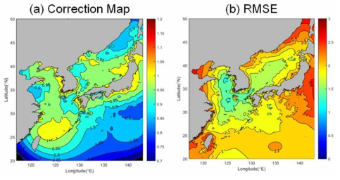 GFS 자료와 보정된 ASCAT 자료 간 Correction Map 생성 결과 및 RMSE 분포도