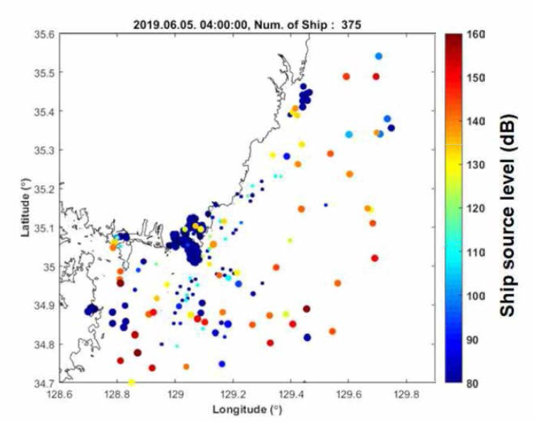 2019년 6월 05일 04시 기준 해당 선박 위치에서 계산된 선박 음원준위 분포