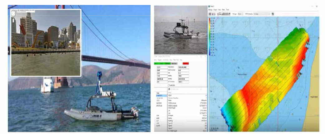 (자) Google Trekker 이용 해안선 촬영 (Coastal view), (우) MBES 이용 라쿤해협 정밀수심 측량