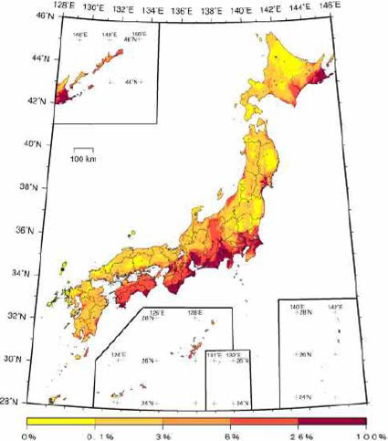 30년 이내에 지진에 의해 영향을 받을 Exceedance probability (JMA seismic intensity： 6 보다 낮거나 그 이상; 평균적인 경우; 2010년 1월부터 시작) (from http://www.j-shis.bosai.go.jp/en/shm)