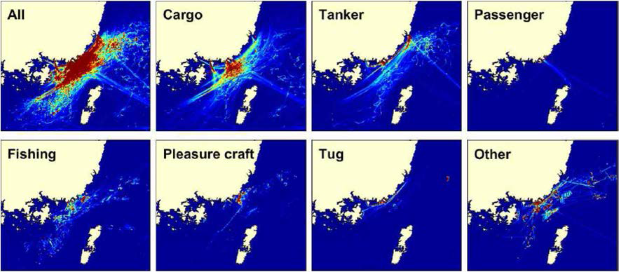 선박통행량 분석 기법을 적용하여 선박별 선박밀도를 도출 예