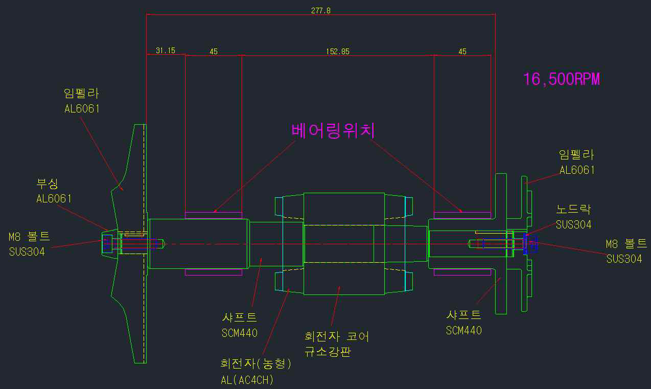 단면도와 구성품의 주요 치수 및 재료