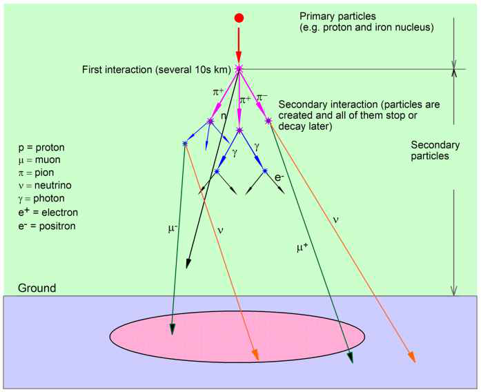 우주선 샤워(1차 및 2차 입자의 다이어그램16)); 1차 입자의 상호작용에 의해 2차 입자인 뮤온, 파이온, 중성미자, 광자, 전자 등이 생성