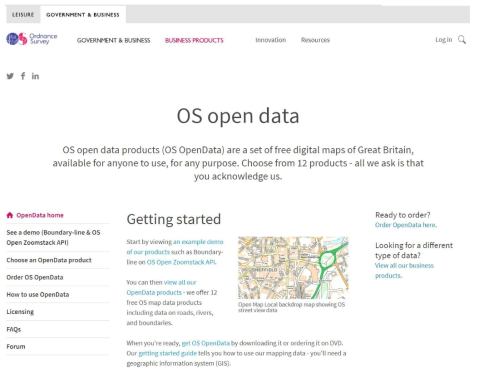 Ordnance Survey의 공개정보 홈페이지 화면 (www.ordnancesurvey.co.uk)