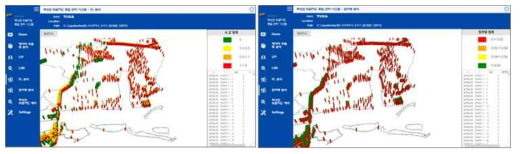 3차원 기반 액상화 위험지도 FL(좌) 및 침하량(우)