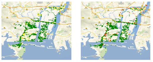 부산광역시 LPI 위험지도(좌) 및 LSN 위험지도(우)