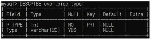 Pipe_type table schema console