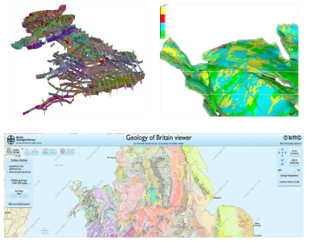 국립 암반 울타리도와 Petrel 모델, 영국의 지질학 지도 뷰