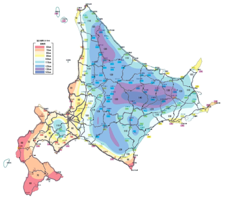 일본 북해도 20년 주기(1980~2000년) 동결치환깊이 분포도 (일본 도로협회, 2001)