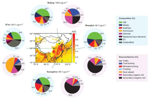중국 대도시 대기 중 초미세먼지의 화학성분 구성비 (Huang et al., 2014)