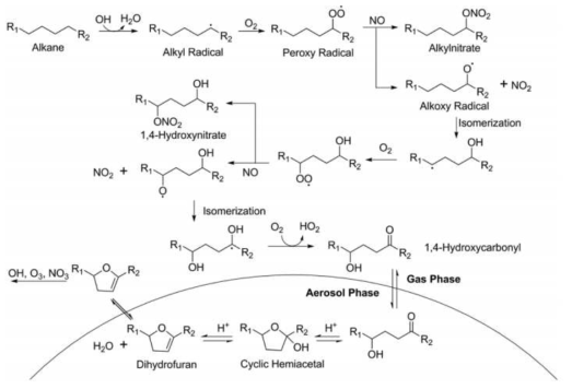 Alkane의 oxidant와 반응에 의한 SOA 생성 과정 (Lim et al.,2016)