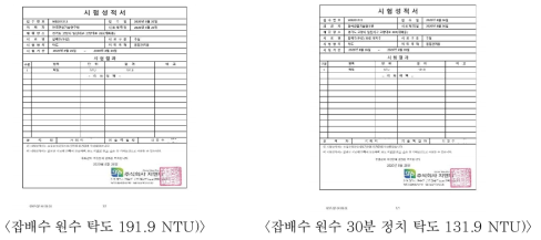 잡배수 원수 탁도 시험성적서