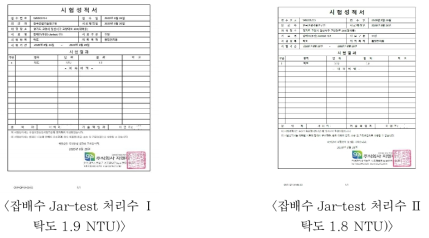 잡배수 처리수 탁도 시험성적서