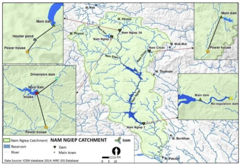 Nam Ngiep 강 유역 내 수계와 수력발전 댐(ICEM, 2015)