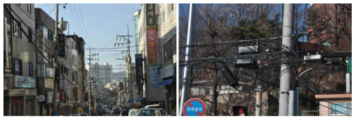 한국 도심지 공중케이블 설치 전경