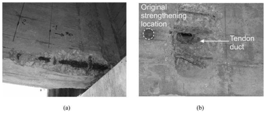 예 : (a) Barra Bridge의 철근 부식 및 (b) Lanheses Bridge에서 텐던 덕트 감지를 위해 세로 빔으로 열린 창