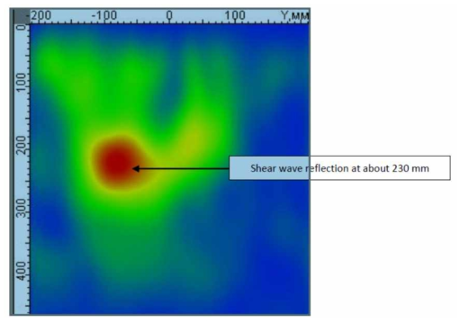 약 230 mm에서 MIRA 전단파 반사를 보여주는 횡단면