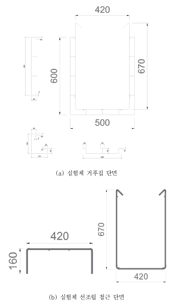 거푸집 실험체 단면 및 선조립 철근 단면