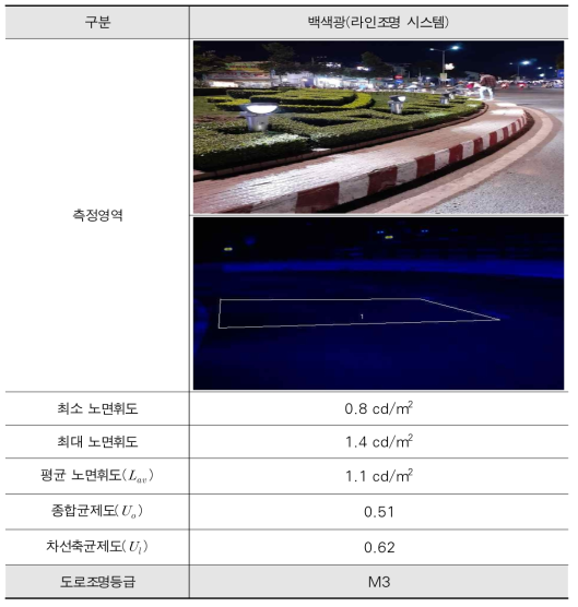 휘도 측정 결과 및 도로조명등급 도출 결과