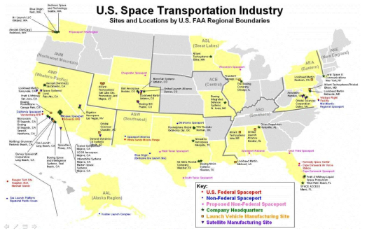 미국내 민간 우주산업체 지역도 (FAA, 2013)