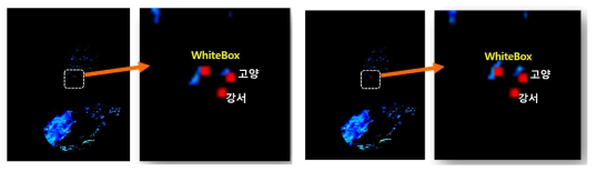 WhiteBox 관측 지점에서의 5월 16일 00시 45분 및 50분 기합성 레이더 강우 영상