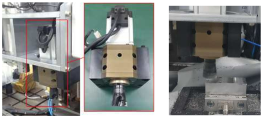 3축 밀링가공기에 탑재된 스핀들 시작품과 엔드밀 황삭가공 실험